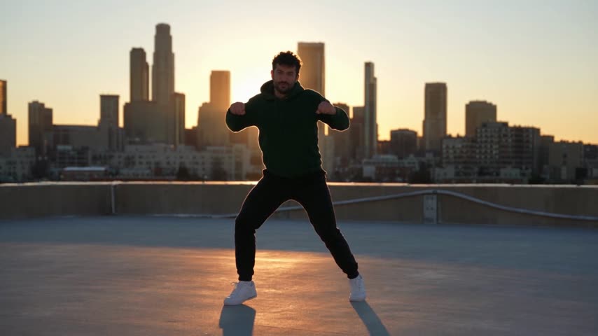 AI character swap result: the uploader dancing on the rooftop