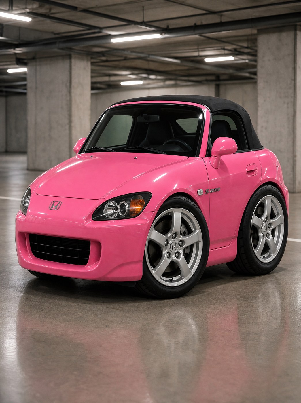 The same pink S2000 rendered with chibi die-cast proportions — short body, oversized wheels