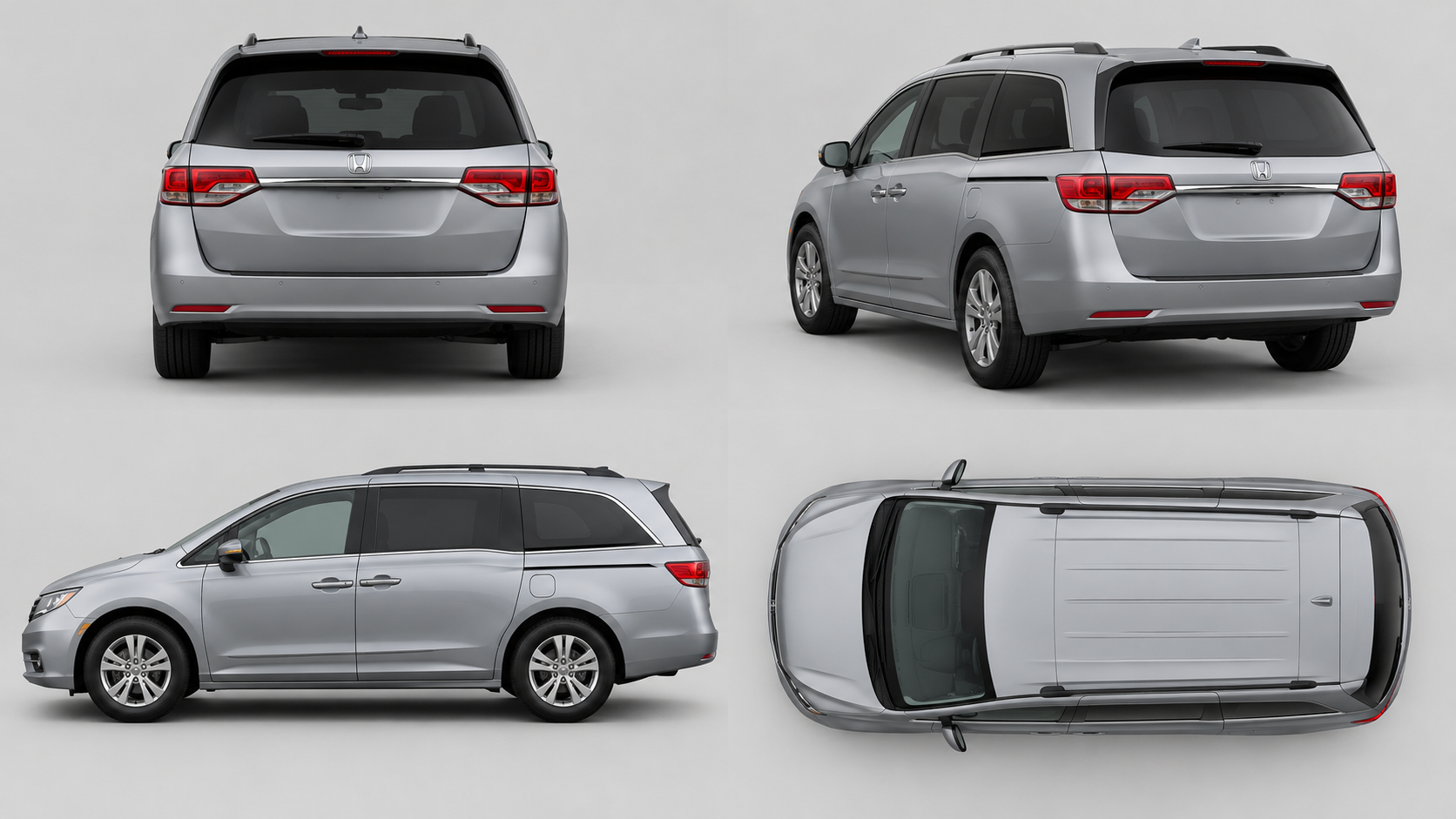 AI rear, rear three-quarter, side and top views of a silver minivan