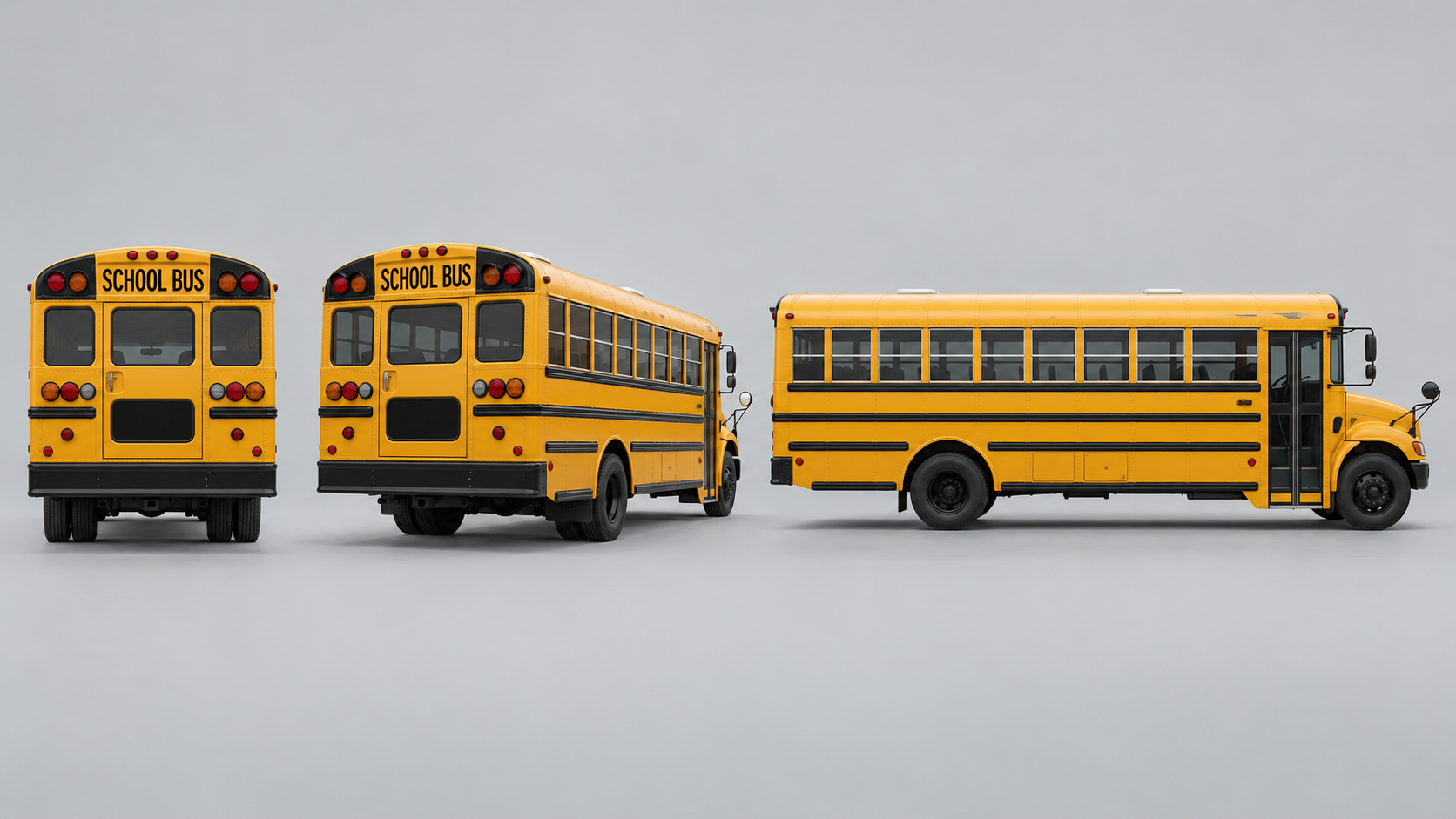 AI rear, rear three-quarter and side views of a yellow school bus