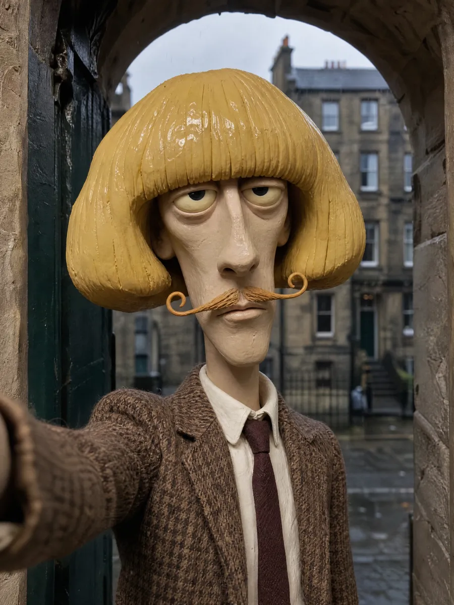 Barnaby, a claymation Jean Phil-style AI character by Starrd: a clay figure with a huge yellow bob and curled moustache in a stone doorway