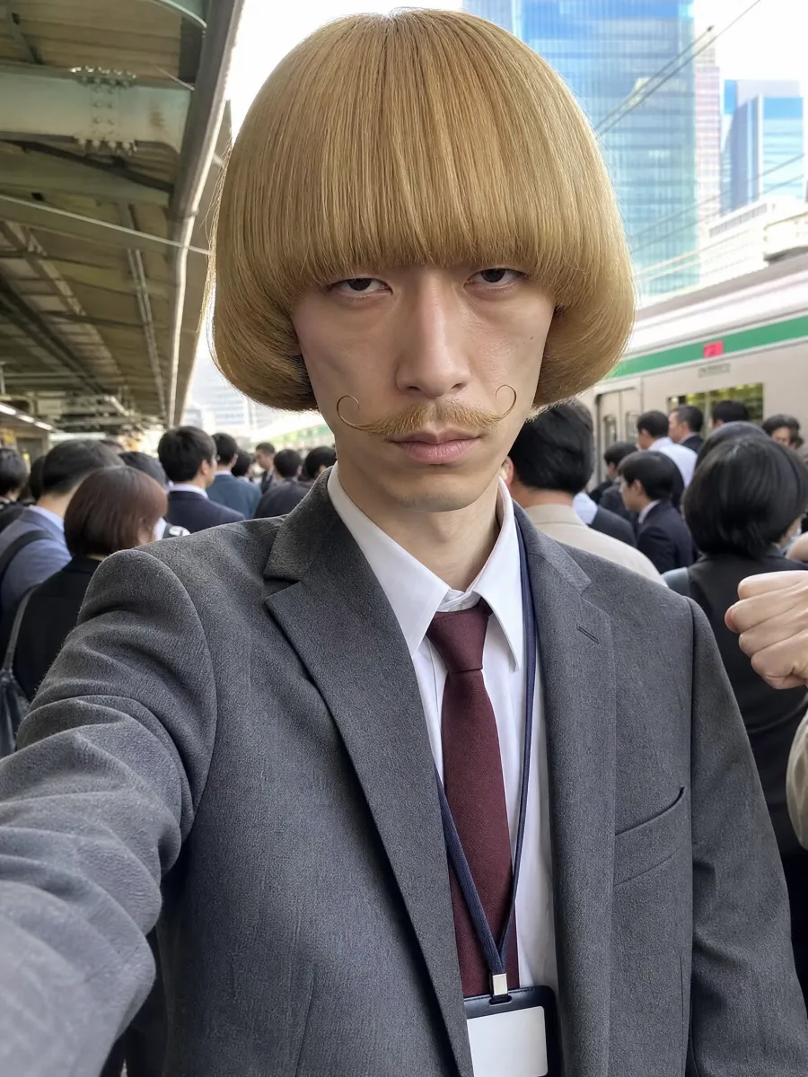 Kenji, a Jean Phil-style AI influencer character by Starrd: a Japanese salaryman with a huge blond bob and curled moustache on a Tokyo train platform