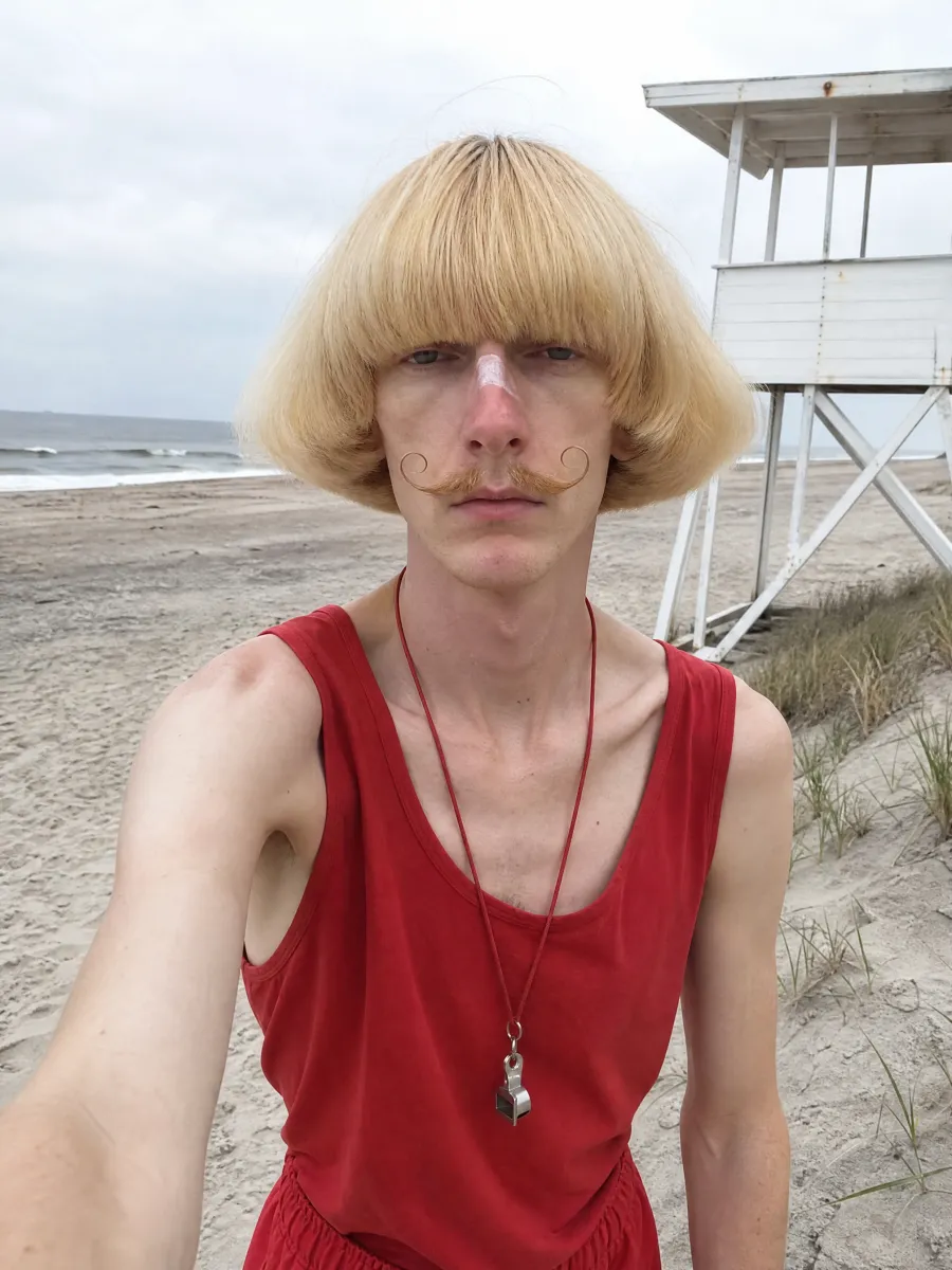 Lars, a Jean Phil-style AI influencer character by Starrd: a pale lifeguard with a huge blond bob and curled moustache on an empty beach