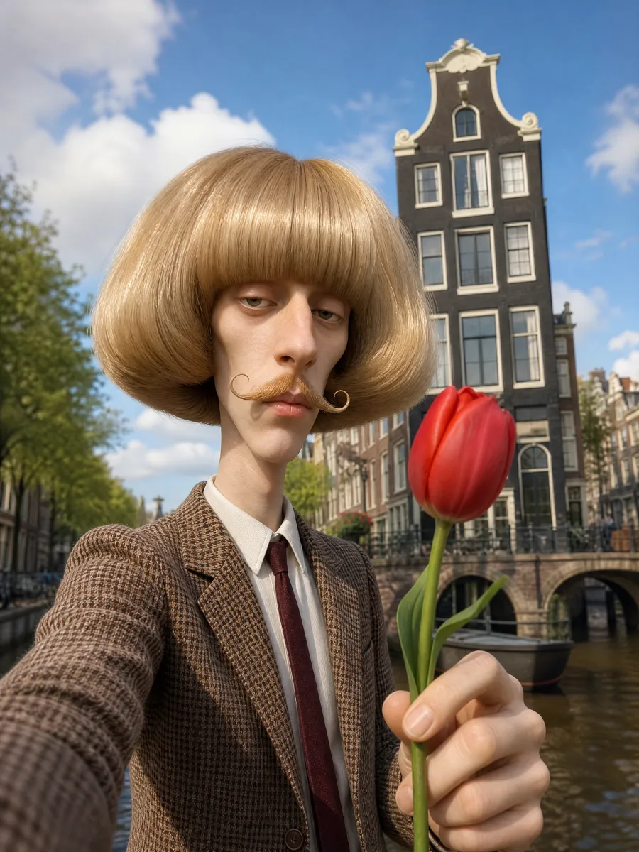 Pim, a 3D animated Jean Phil-style AI character by Starrd: a lanky man with a huge blond bob and curled moustache holding a red tulip by a canal house