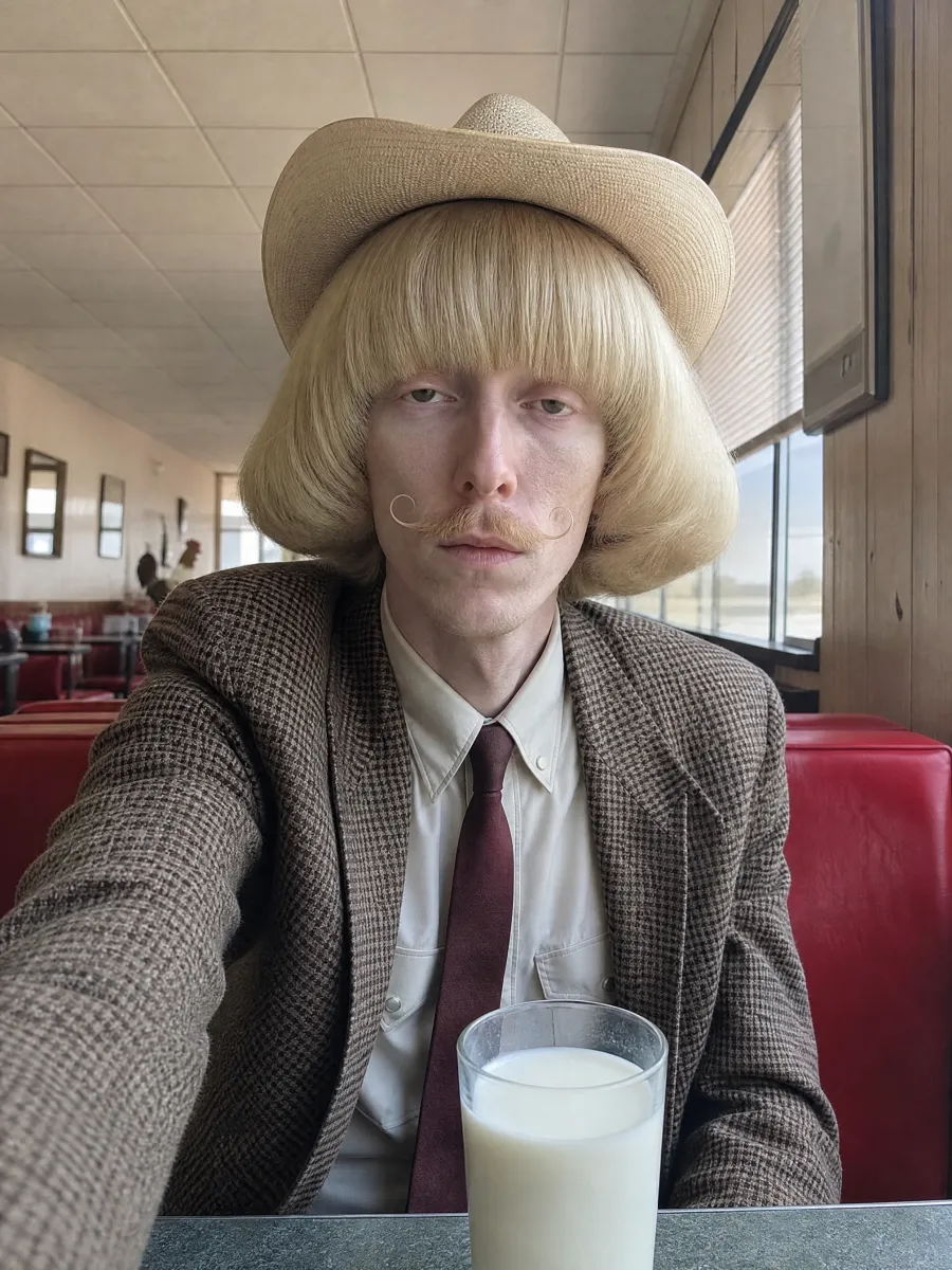 Wade, a Jean Phil-style AI character by Starrd: a pale young man with a huge blond bob, a cowboy hat and a curled moustache in a Texas diner