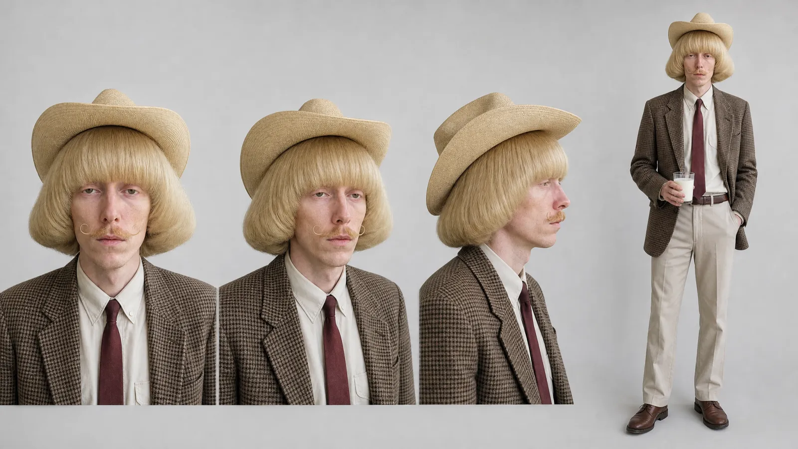 Wade character sheet: the same blond bob, cowboy hat, curled moustache and houndstooth blazer from the front, three-quarter, side and full body