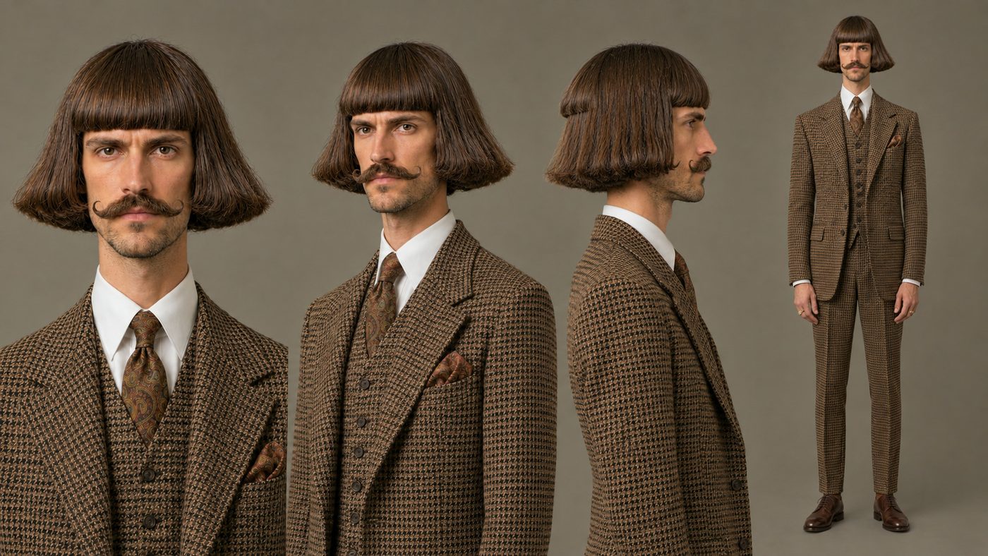A 4-view character sheet of a Starrd example character as The Jean: front, three-quarter, side profile and full body, in a brown houndstooth three-piece suit with a flared bob and handlebar mustache. Not Jean Phil, not a real person.