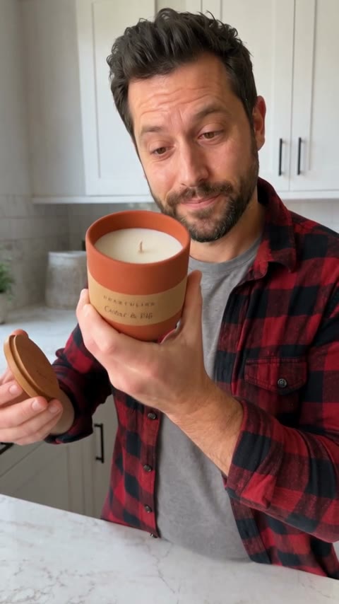 Marcus, an AI presenter in a flannel shirt, holding the same candle in a UGC style ad