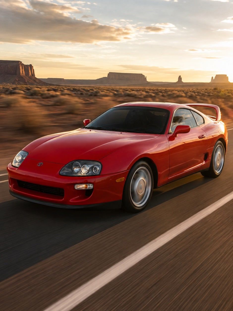 The same red Supra at full speed on a golden-hour desert highway, sun flaring off the paint