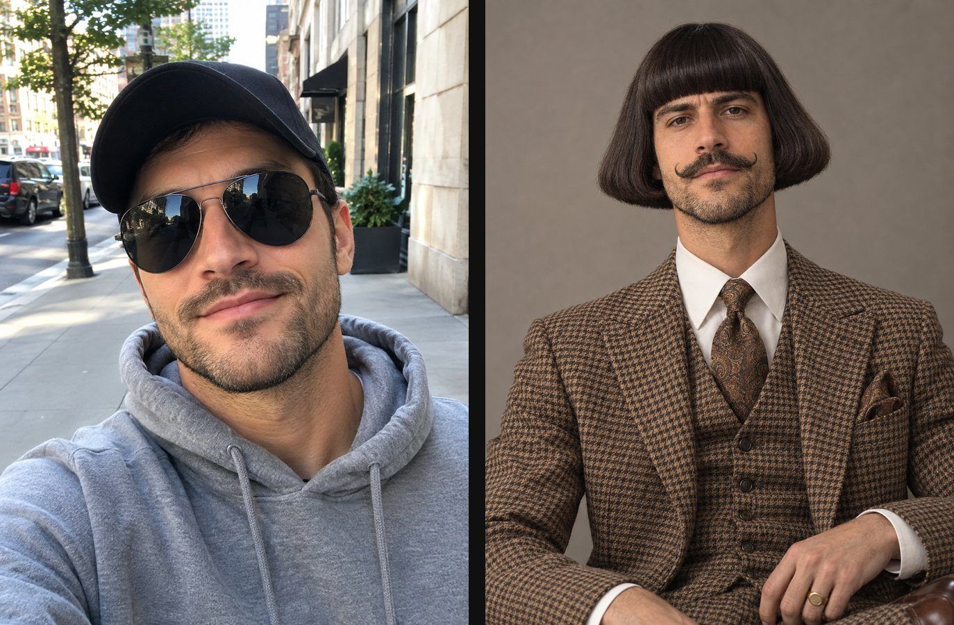 Before and after with a Starrd example character: a street selfie becomes the same man with a flared bob, a handlebar mustache and a brown houndstooth suit. Not Jean Phil, not a real person.