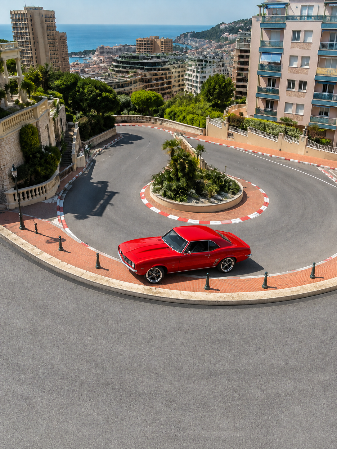 A restored race red 1969 Chevrolet Camaro on polished Torq Thrust wheels at the Monaco hairpin, Monte Carlo rising behind