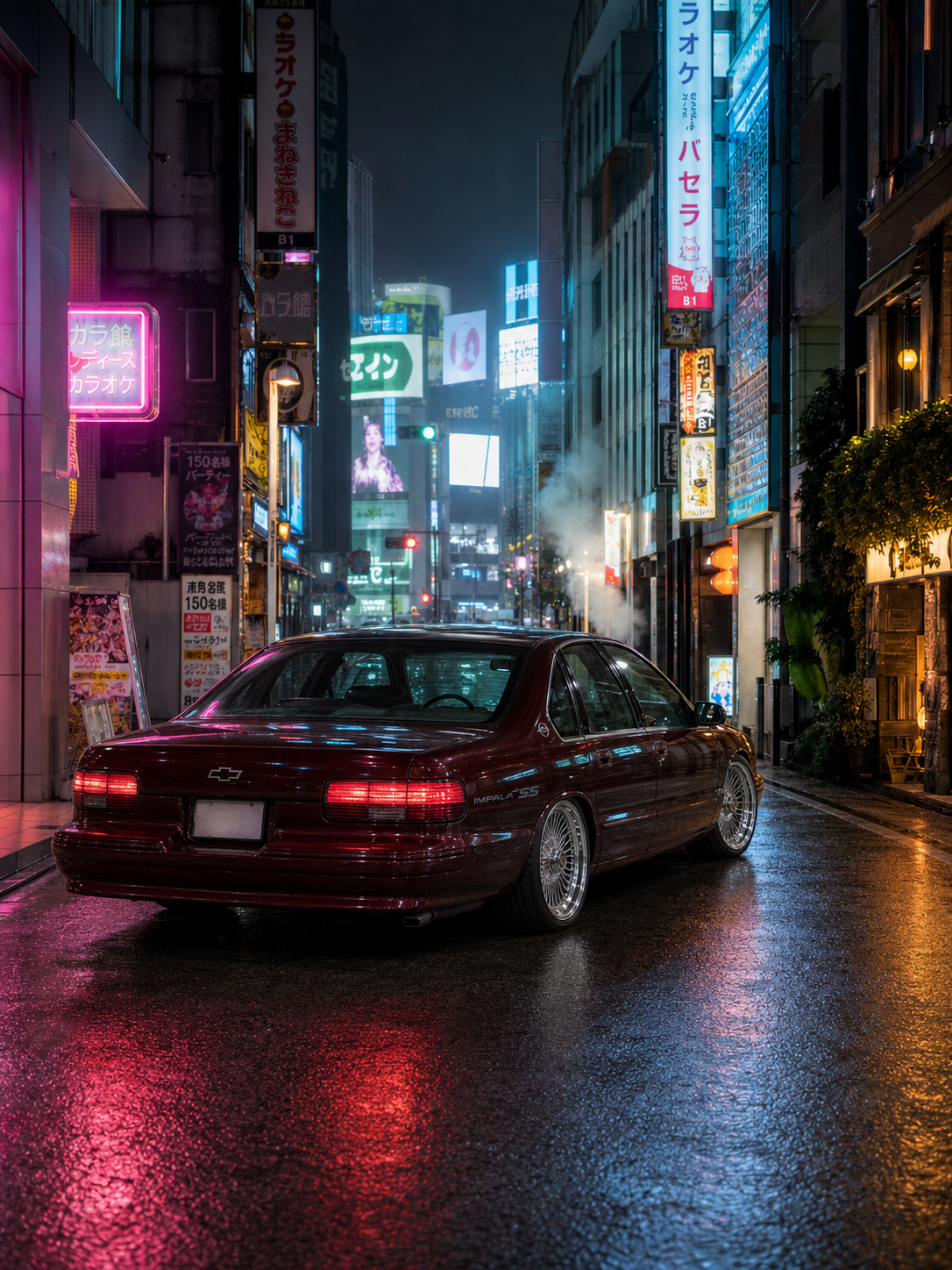 A lowered Chevrolet Impala SS on chrome wire wheels parked on a rain-slicked neon backstreet in Shibuya, Tokyo at night
